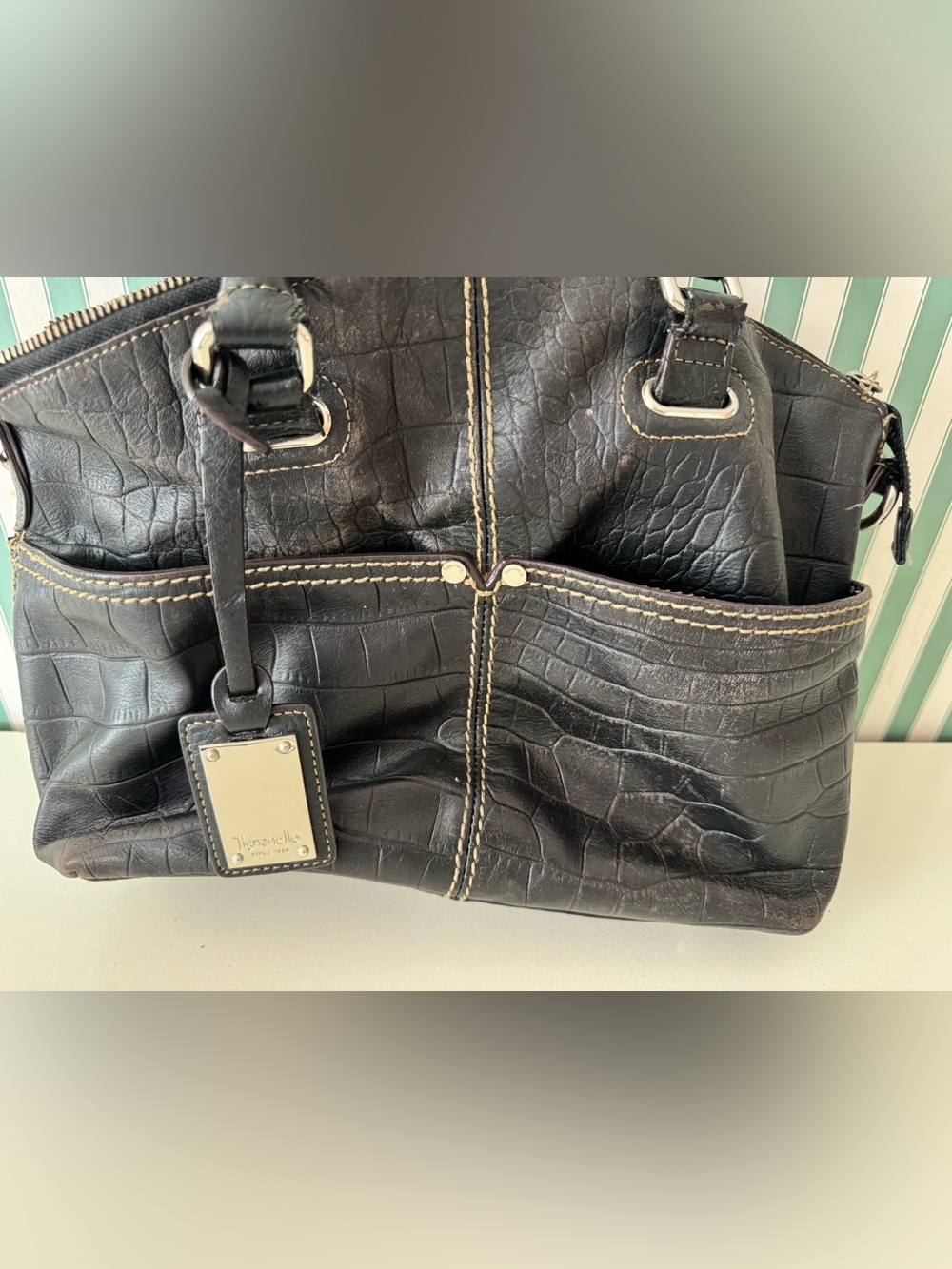 Tignanello Black Croc-Embossed Leather Tote with Contrast Stitching